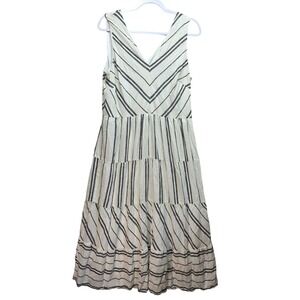DKNY Striped Linen Blend Tiered Vneck Maxi Dress Womens 16 Black White